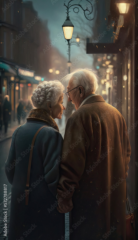 AI generated elderly couple on a crowded street