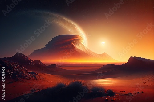 Sunset, olympus mons, mars landscape, starry sky. Generative AI. © Hui