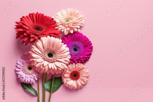 bouquet of gerberas on pink background top view flat banner - generative ai