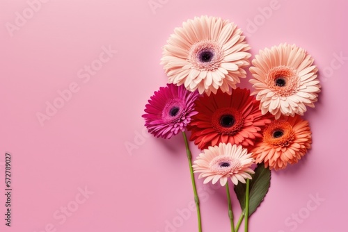 bouquet of gerberas on pink background top view flat banner - generative ai