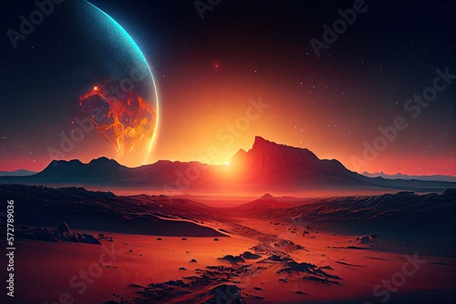 Sunset  olympus mons  mars landscape  starry sky. Generative AI.