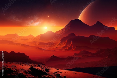 Sunset  olympus mons  mars landscape  starry sky. Generative AI.