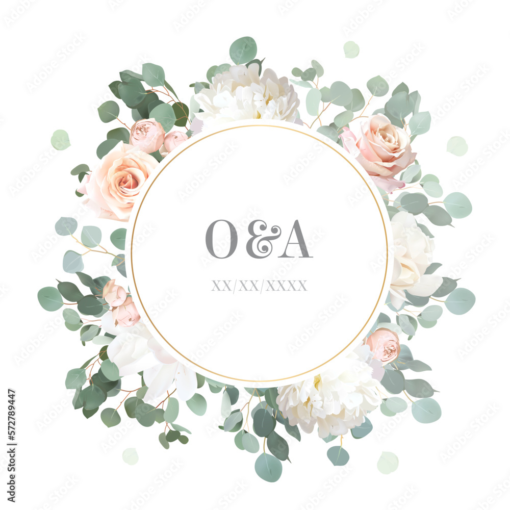Floral eucalyptus selection vector frame. Hand painted branches, pink rose flowers, leaves on white