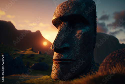 Illustration Moai Figures Easter Island Sunset AI generated photo