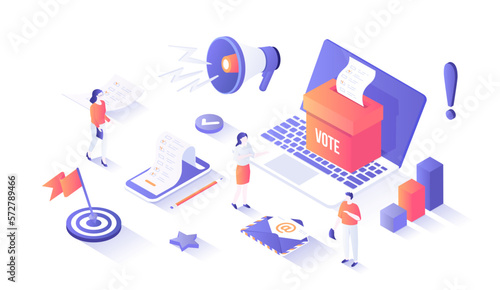 Online voting. E-voting, election internet service, online choice. Ballot box with blank on laptop screen. Voting ballot on the phone screen. Isometry illustration with people scene for web graphic.