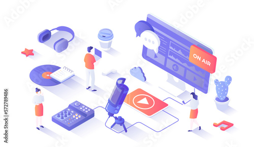 Record an audio podcast. Online podcast, Blog, Radio Show. Podcasting equipment and APP - studio microphone on a stand, headphones, mixer. Isometry illustration with people scene for web graphic.