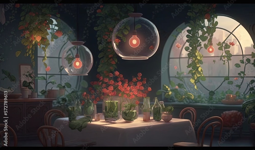  a table with a vase of flowers on it and two hanging lights above it.  generative ai