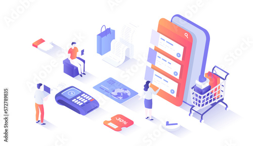 Online order via phone. Online shopping concept. Ordering system app on the screen. Shopping cart with cardboard boxes, shopping bags. Isometry illustration with people scene for web graphic.