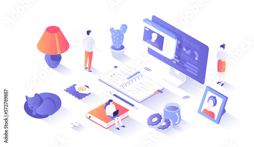 Home working. Remote workplace. Freelancing concept. Visual online communication via video conferencing. Table with a computer, documents. Isometry illustration with people scene for web graphic.