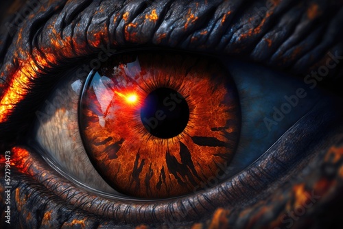 Close up human fire eye realistic beautiful closeup zoom, created by Generative AI. © Nataly