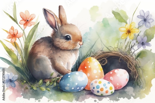 watercolor easter cute bunny eggs nature background - generative ai