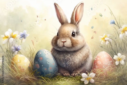 watercolor easter cute bunny eggs nature background - generative ai