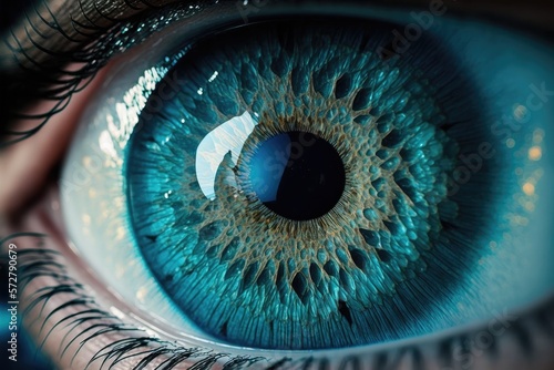 Close up human cyan blue eye realistic beautiful closeup zoom, created by Generative AI.