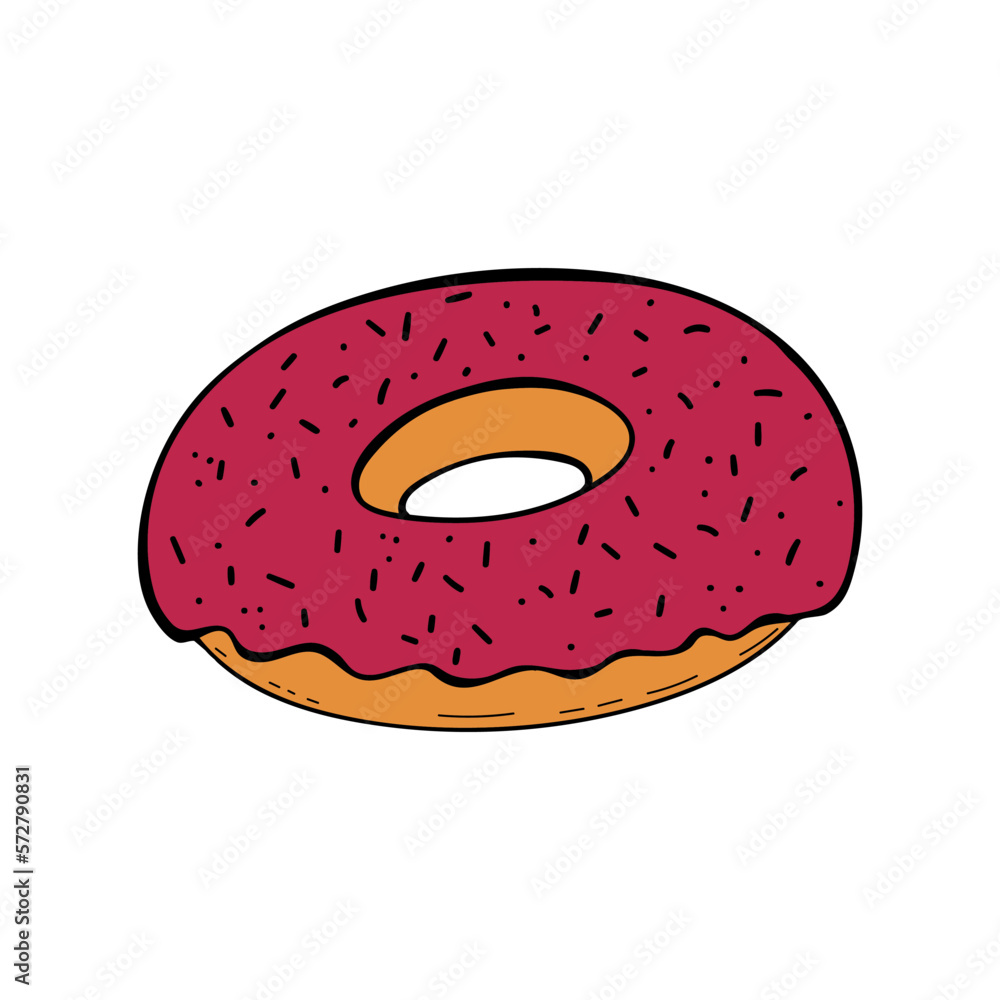 Fresh baked glazed donut in doodle engraved sketch style. Traditional dessert product. Colorful cartoon detailed hand drawn vector illustration. For menu, bar, coffee shop, cafe, bakery, restaurant. Fresh baked glazed donut in doodle engraved sketch style. Traditional dessert product. Colorful cartoon detailed hand drawn vector illustration. For menu, bar, coffee shop, cafe, bakery, restaurant.