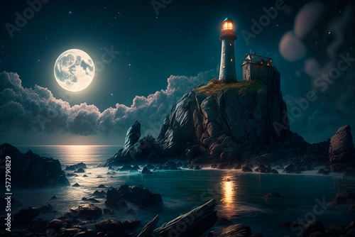 Illustration of a lighthouse on the coast at night with moon and reflection AI generated