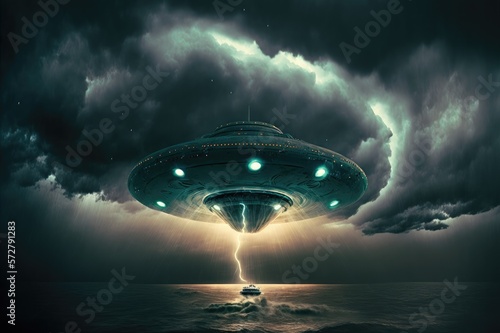 A UFO flying over a boat on a calm sea as a storm approaches.