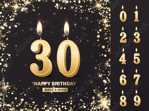 Vector Birthday Anniversary Greeting Card, Banner with 3d Realistic Burning Golden Birthday Party Candles, Numbers, Flame. Candle Icon Set. Design Template, Clipart. Birthday Concept. Front View