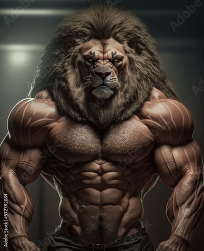 Portrait of a strong male lion in a gym. Bodybuilding concept. Generative AI