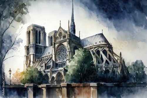 Notre Dame Cathedral watercoler background - generative ai