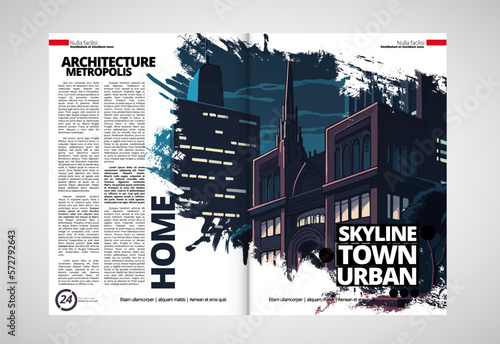 Business magazine, brochure layout with urban landscape. Vector illustration