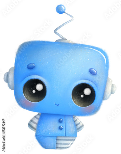 Illustration of a cute cartoon blue baby robot. Transparent background, png