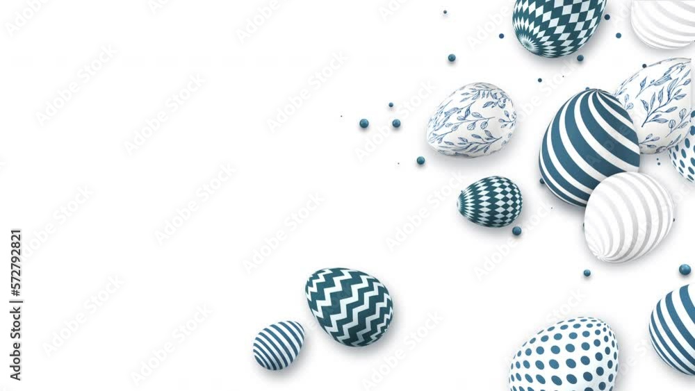 Group of Easter 3D eggs painted with blue patterns. White background with space for text. Looped holiday spring animation. Group of Easter 3D eggs painted with blue patterns. White background with space for text. Looped holiday spring animation.