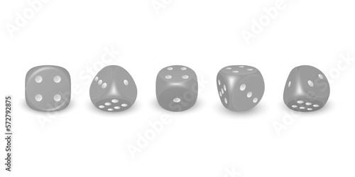 Vector 3d Realistic Gray Game Dice with White Dots Icon Set Closeup Isolated on White Background. Game Cubes for Gambling in Different Positions, Casino Dices, Round Edges