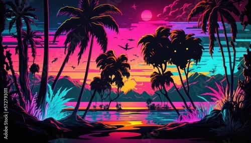 Neon Tropical Jungle Sunset Poster and Wallpaper - Generative AI Illustration 