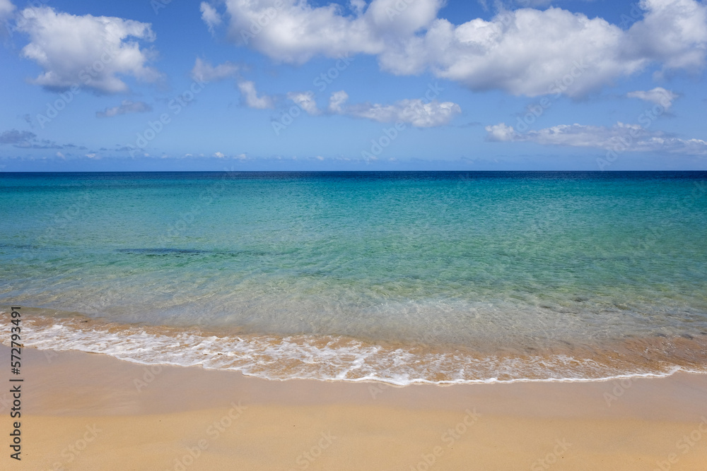 Praia de areia dourada com mar calmo e transparente. Clima tropical num dia de verão.