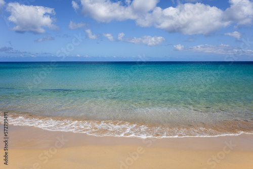 Praia de areia dourada com mar calmo e transparente. Clima tropical num dia de verão. © jcsneves