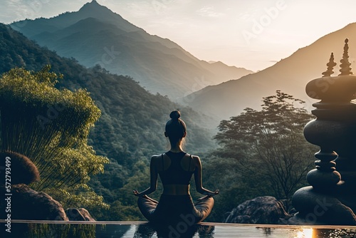 Back view of young woman meditating and practicing yoga in beautiful quiet nature landscape during sunrise. AI generative