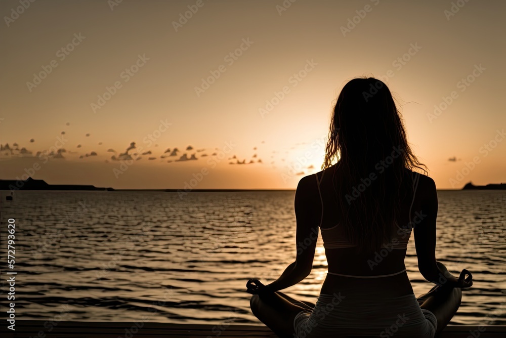 Back view of young woman meditating and practicing yoga in beautiful quiet ocean landscape during sunset. AI generative