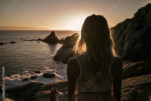 Back view of young woman meditating and practicing yoga in beautiful quiet ocean landscape during sunset. AI generative