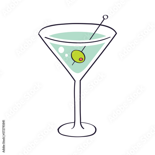 Martini glass with olive, vermouth wine cocktail isolated vector illustration.