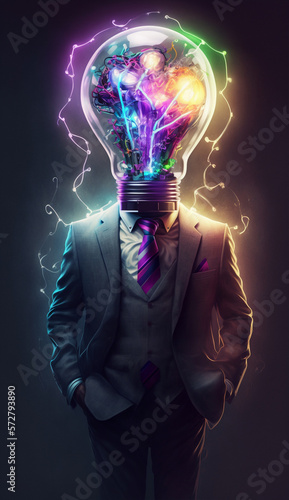 Homem de terno, sua cabeça é uma lâmpada, luzes dinâmicas e coloridas, arte conceito - AI Generated