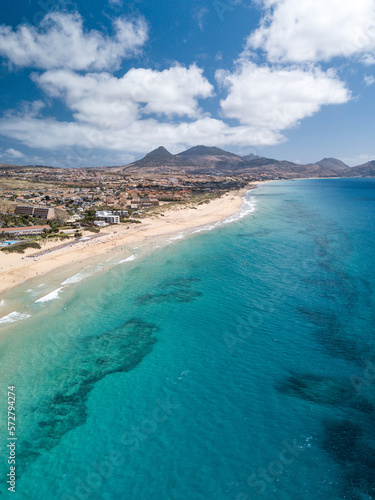 Aerial top view of Porto Santo 9km beach. Amazing crystal clear turquoise waters. photo