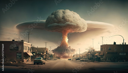 A mushroom cloud over a small town after a nuclear explosion or other disaster. photo