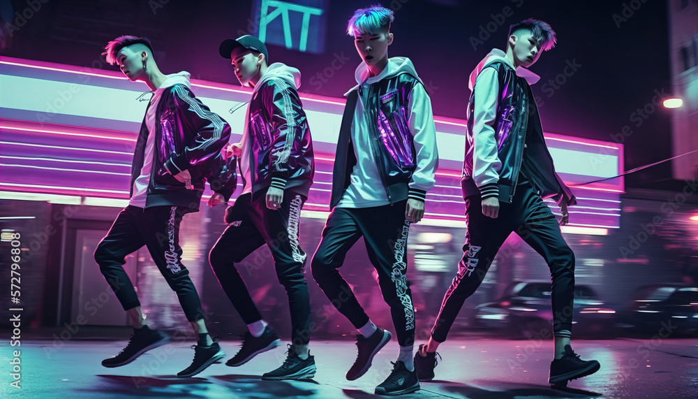 Fototapeta premium Four young k-pop dancers with neon lights dancing at the street on the night. AI generative illustration