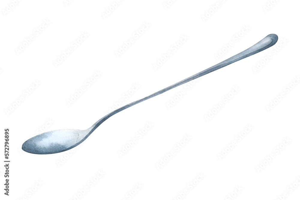 Watercolor drawing by hand, a spoon with a long handle, metal. Isolated elements. Design for postcards, packaging, crafts, paper and fabric for production. Watercolor drawing by hand, a spoon with a long handle, metal. Isolated elements. Design for postcards, packaging, crafts, paper and fabric for production.