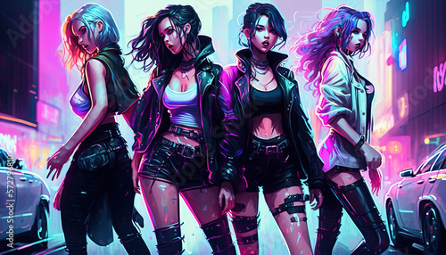 Four young k-pop dancers with neon lights posing at the street on the night. AI generative flat color illustration