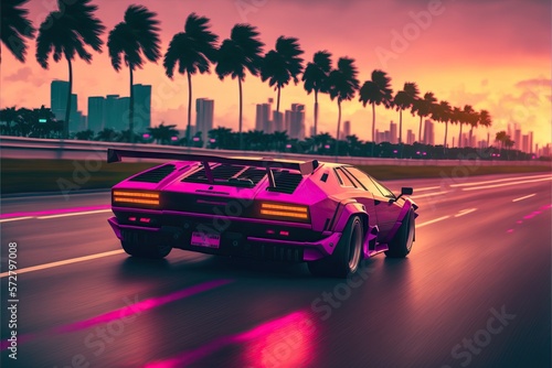 Vaporwave style supercar driving down a Miami highway at sunset created with generative ai photo