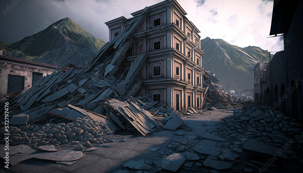 Earthquake concept. Ruins of buildings damaged after the earthquake, collapsed buildings. Ai illustration, fantasy digital painting, artificial intelligence artwork
