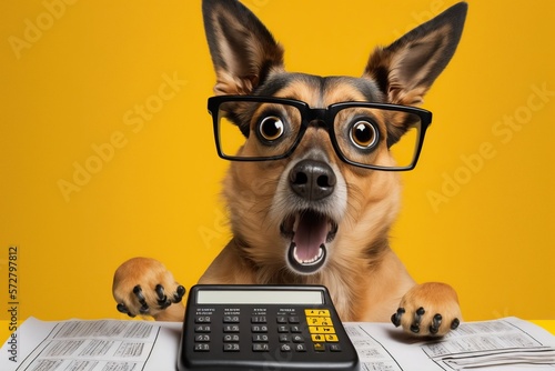 Shocked cute dog in glasses with open mouth looks at calculator, concept of Surprised and Amazed, created with Generative AI technology