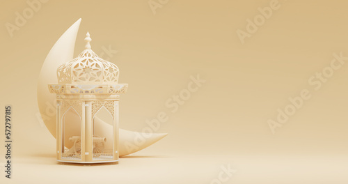 3d minimal  lantern with crescent and ornament gift box on cream background. greeting card. ramadan kareem. eid mubarak. islamic new year. 3d rendering illustration.
