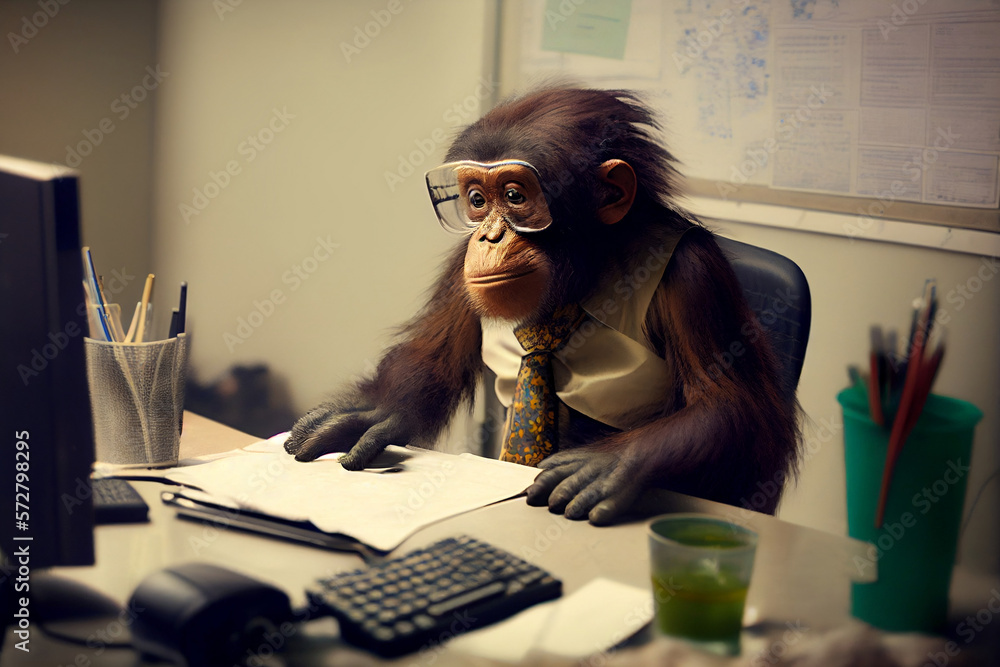 The monkey is working hard at the office. Monkey business. Illustration