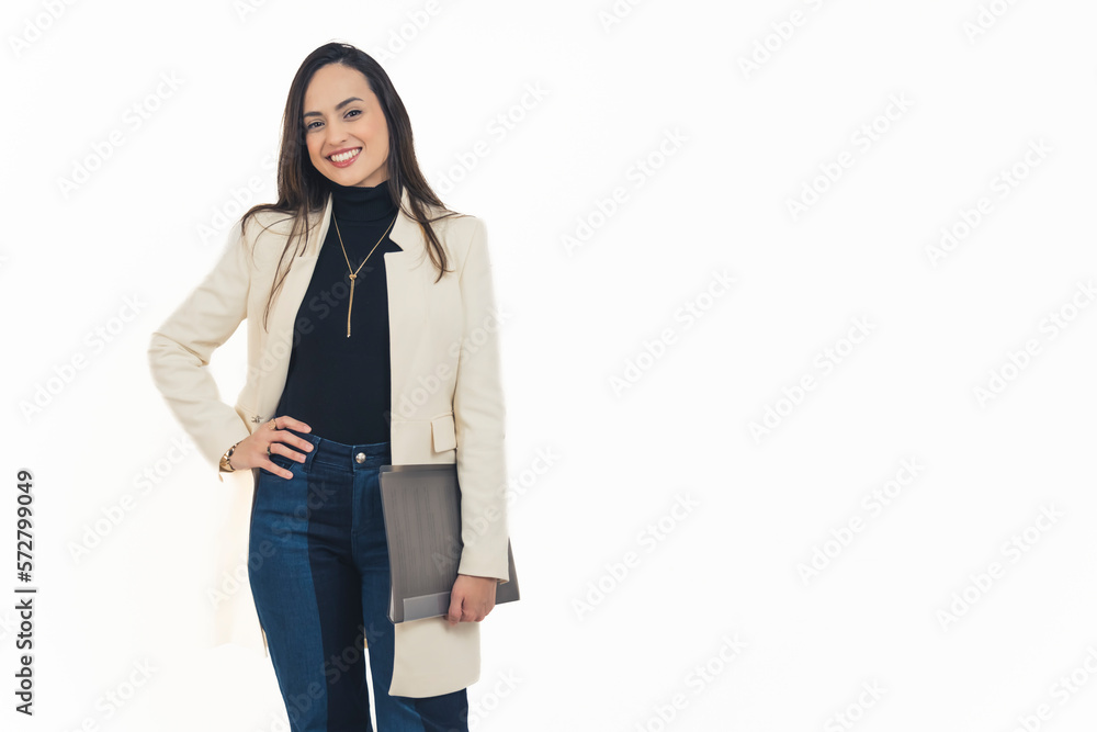 A confident young woman dressed semi-formal, holding a file applying for a new job. High-quality photo A confident young woman dressed semi-formal, holding a file applying for a new job. High-quality photo
