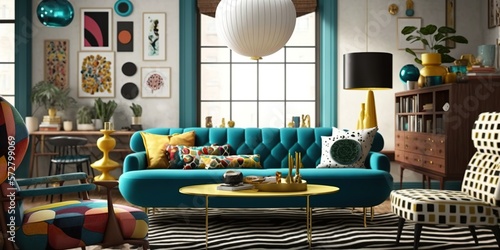 over the top eclectic living room filled with bold patterns and mix of vintage and modern furniture, concept of Maximalist Design and Unconventional Decor, created with Generative AI technology photo