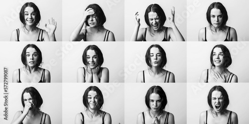 Emotions set collage. Young emotion girl, woman. Anger, happiness, surprise, positive, dissatisfaction, mercy, kiss