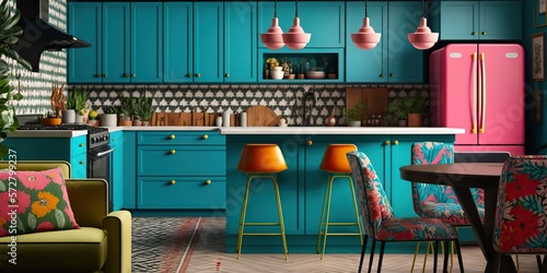 kitchen with bold colorful cabinets patterned countertops and eclectic decor showcasing love of mixing different styles, concept of Vibrant Palette and Eclectic, created with Generative AI technology photo