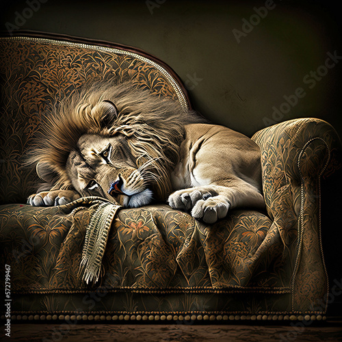 A lion sleeping on a sofa - generative ai photo